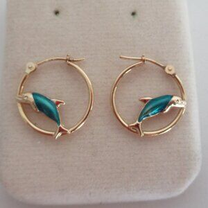JCM 14k Yellow Gold & Enamel Dolphin Hoop Earrings Dainty Petite 0.62 Grams